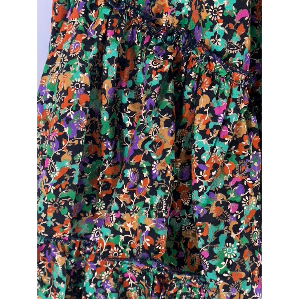 PURPLE QUEEN Women's Green Printed Ruffle Short Sleeve Maxi Dress SZ S