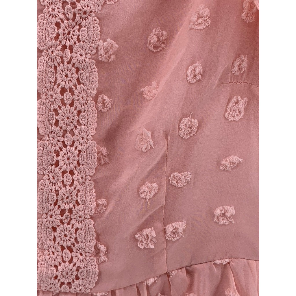 SHEIN Women's Light Pink Embroidered Short Sleeve Chiffon Midi Dress SZ 6