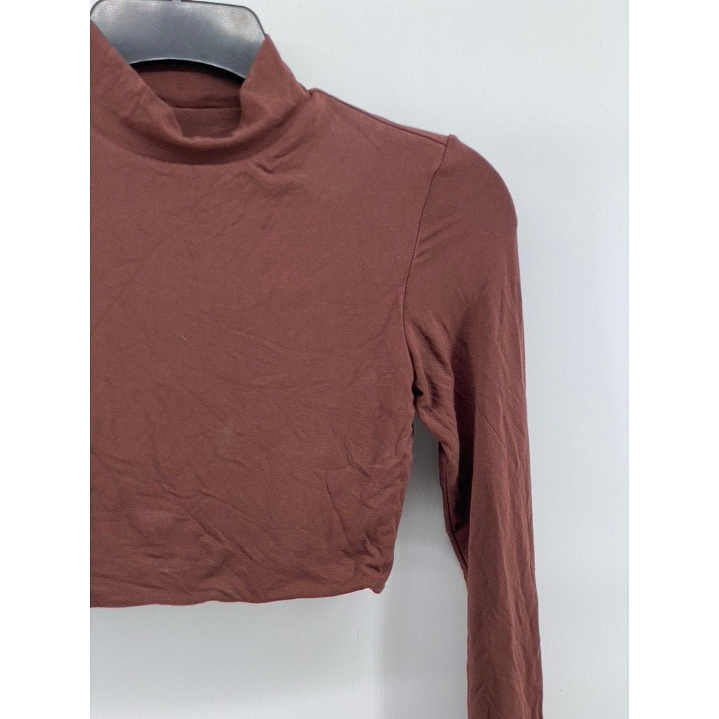 KLASSY NETWORK Women's Brown Seamless Long Sleeve Turtleneck Cropped Top SZ XS