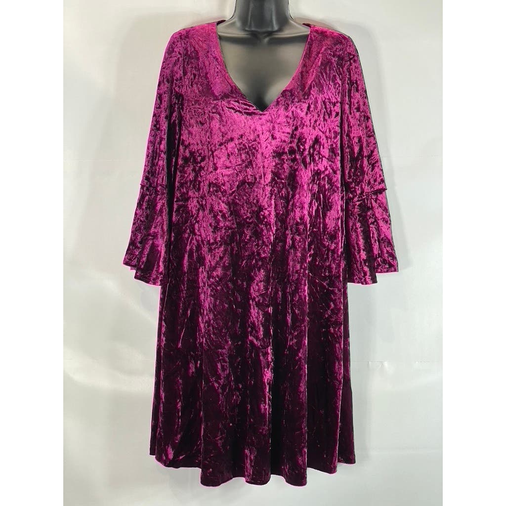 ELIZA J Women's Magenta Crushed Velvet V-Neck Bell Sleeve Mini A-Line Dress SZ16