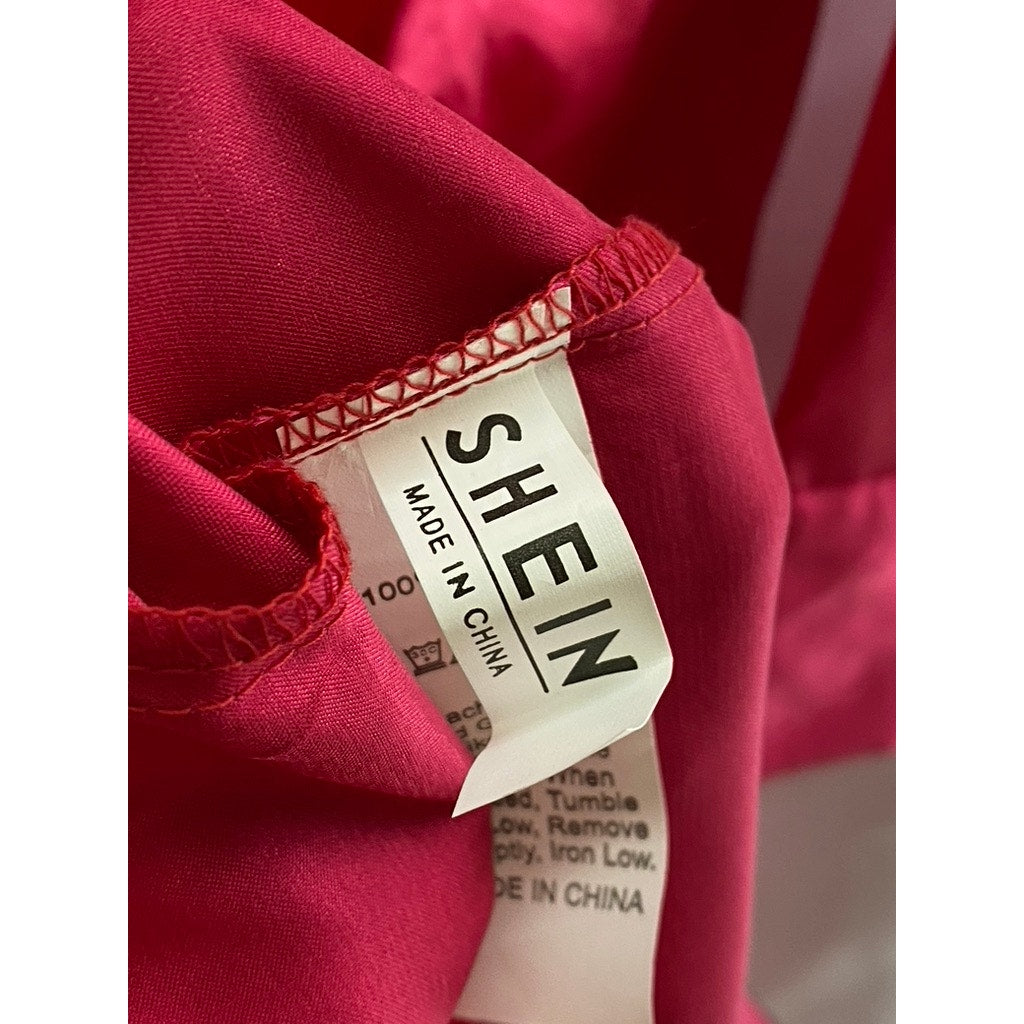 SHEIN Women's Dark Pink Satin Button-Up Long Sleeve Maxi Relaxed-Fit Dress SZ XS