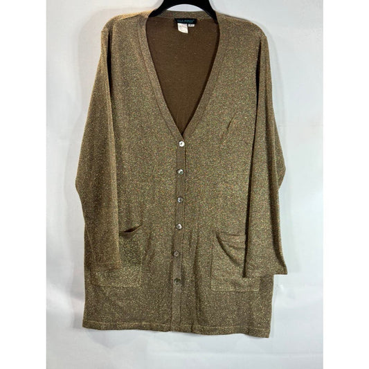 ULLA POPKEN Women's Plus Brown Metallic Relaxed Fit Button-Up Cardigan SZ 16/18