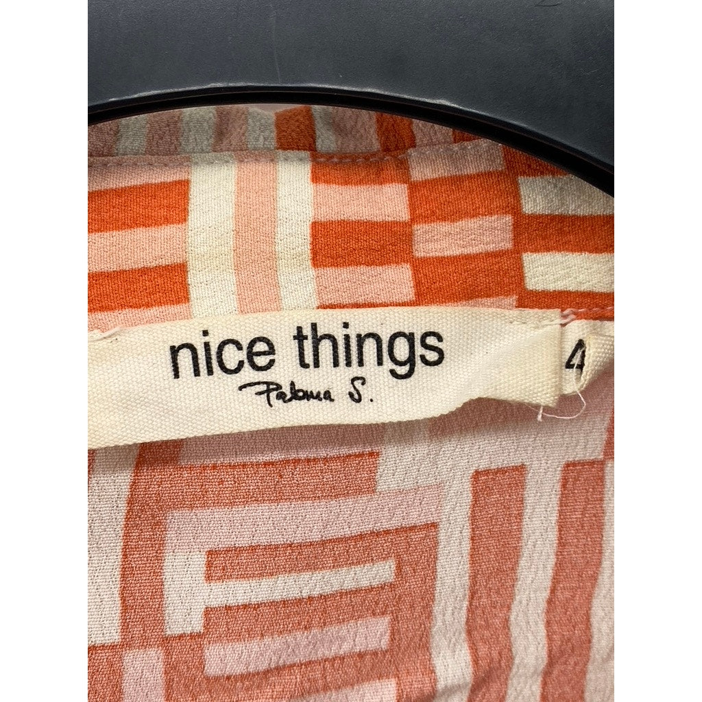 NICE THINGS Women's Orange-White Dessau Print Short Sleeve Button-Up Top SZ40(8)