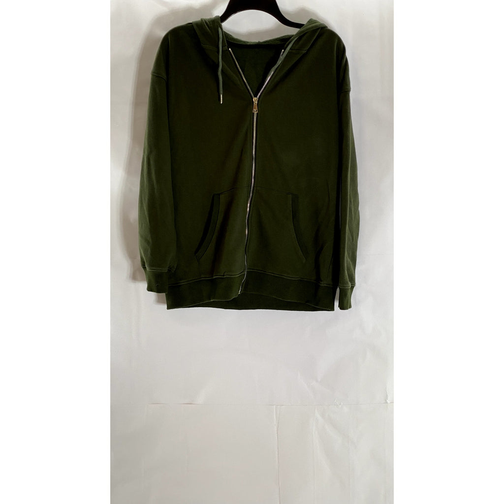 UNBRANDED Women's Army Green Solid Casual Zip-Up Hooded Sweater SZ L