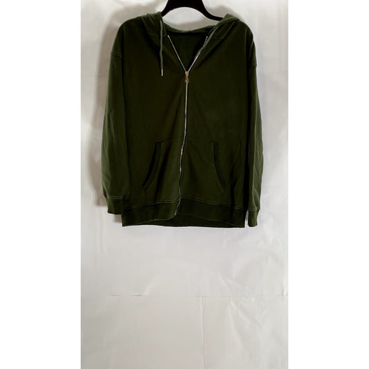 UNBRANDED Women's Army Green Solid Casual Zip-Up Hooded Sweater SZ L