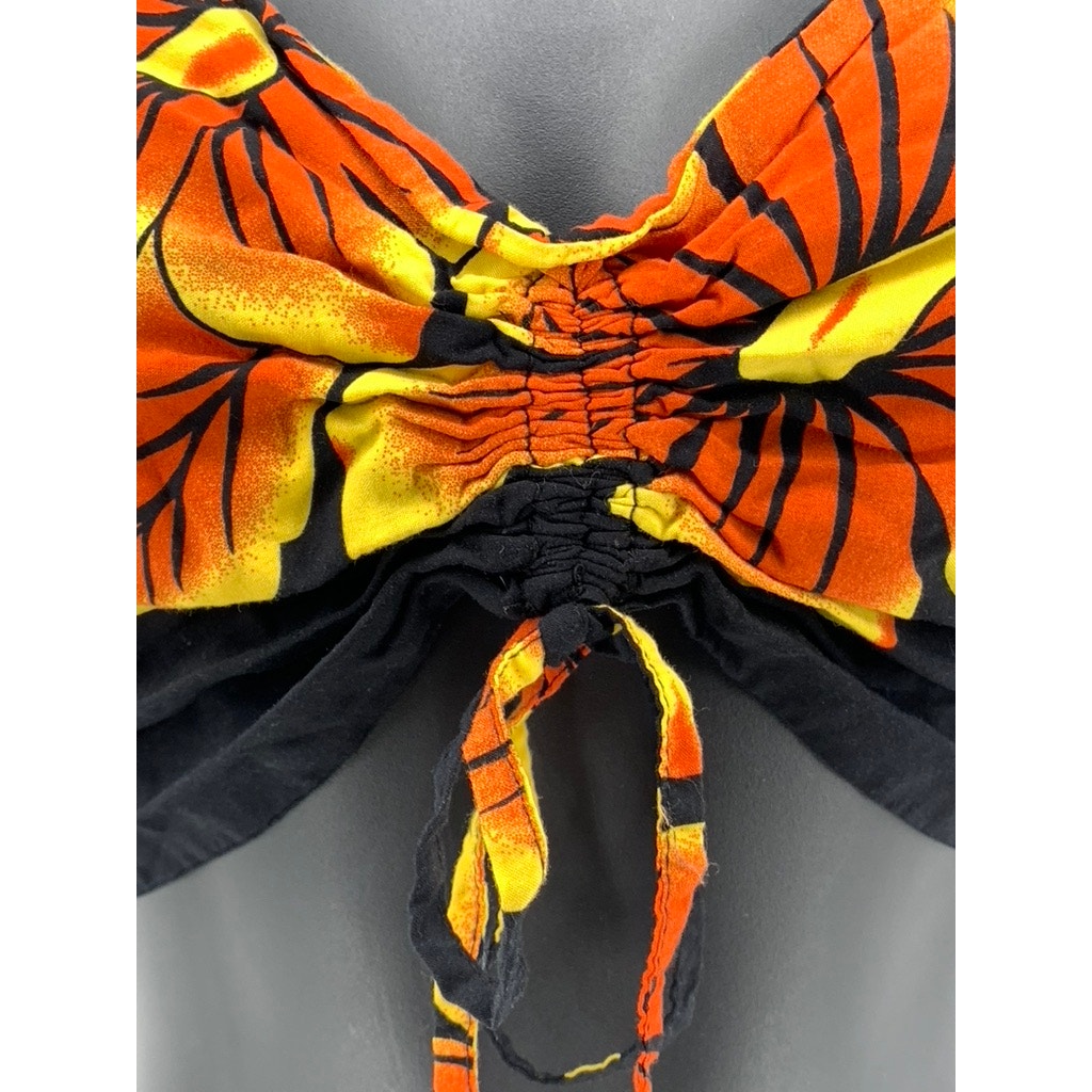 FAVANT HAWAII Women's Black-Orange Floral V-Neck Tie-Back Crop Top SZ OS