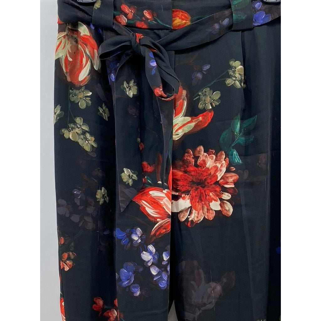 EXPRESS Women's Black Floral Print Belted Tapered Paperbag Pants SZ 4
