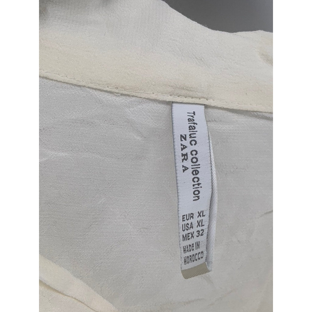 ZARA TRAFALUC COLLECTION Women's Off-White Tie-Neck Long Ruffle Sleeve Top SZ XL