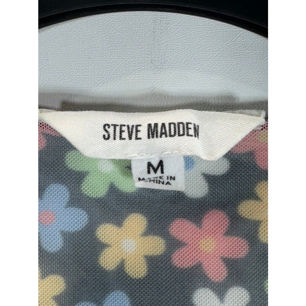 STEVE MADDEN Women's Black Multi Floral Print Mesh Tie-Front Long Sleeve Top SZM