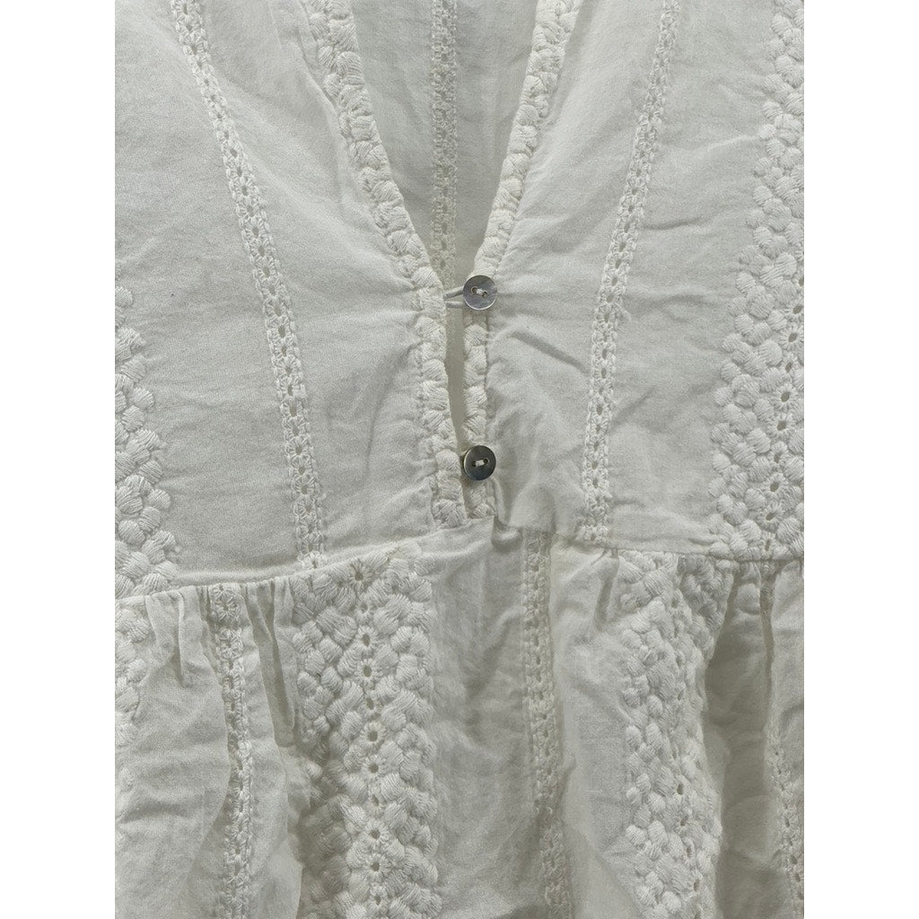NIC & JO Women's White Embroidered Eyelet V-Neck Long Sleeve Ruffle-Hem Top SZ M