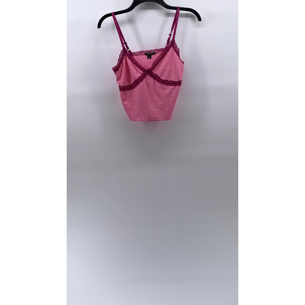 WILD FABLE Women's Pink Rib Knit Lace-Trim V-Neck Spaghetti Strap Cami Top SZ S