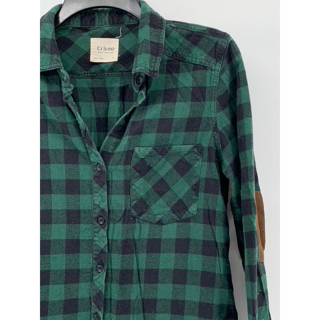 CI SONO Women's Black-Green Plaid Button-up Long Sleeve Regular-Fit Top SZ L