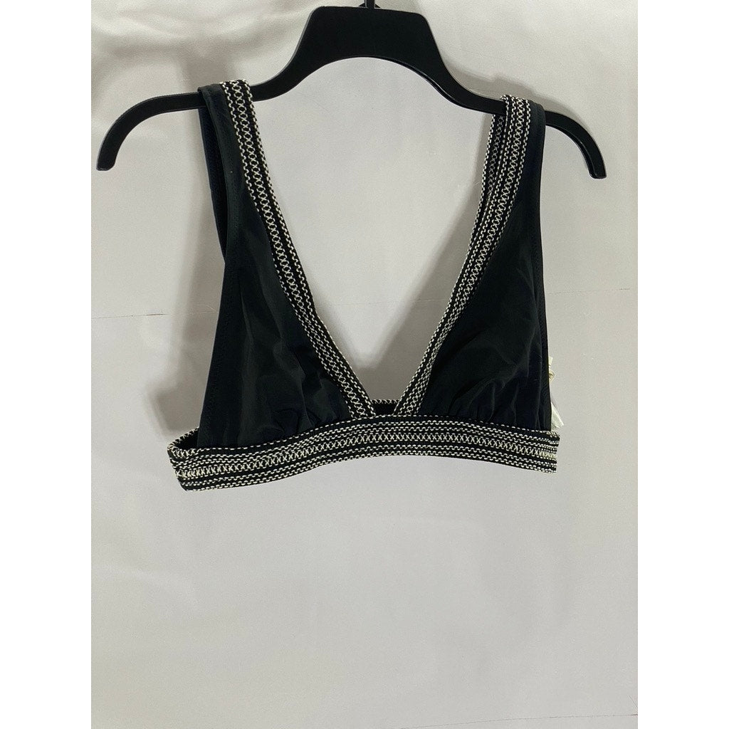 KISUII Women’s Black-White Overstitch V-Neck Pullover Bikini Top SZ M