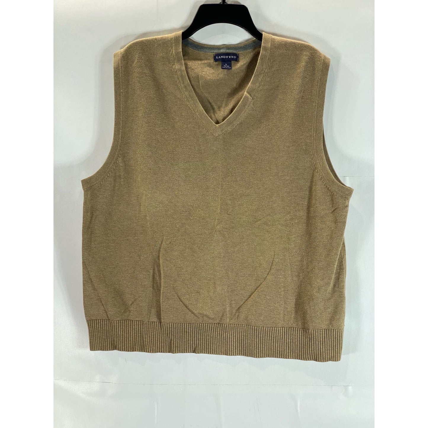 LANDS' END Men's Tan V-Neck Cotton Pullover Sweater Vest SZ L