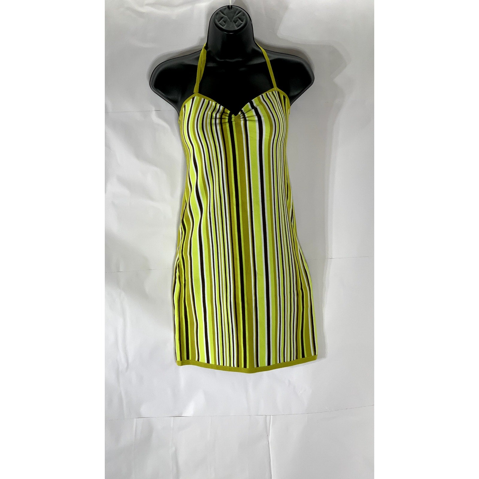 SUNDAY BEST Women's Lime Green Striped Sweetheart Neck Halter Mini Dress SZ M