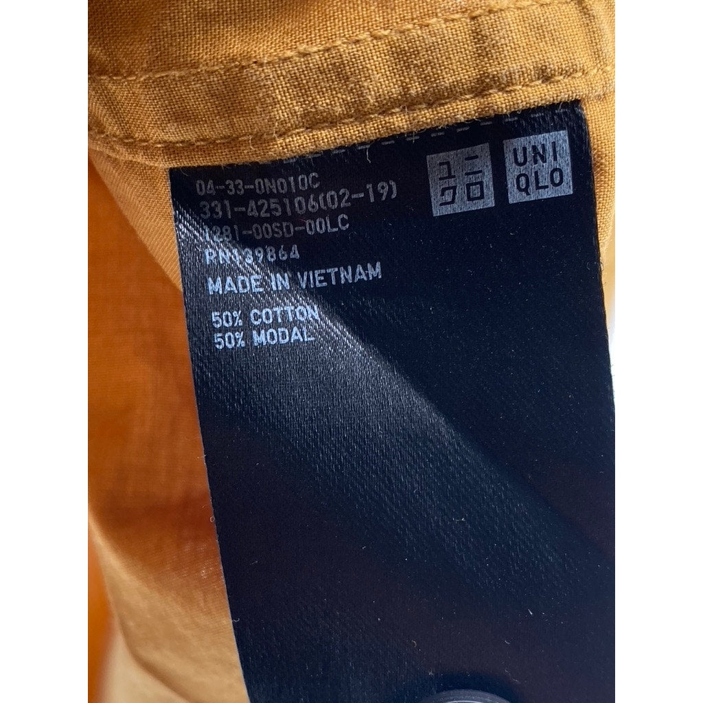 UNIQLO Men's Mustard Yellow Open-Collar Short Sleeve Button-Up Shirt SZ S