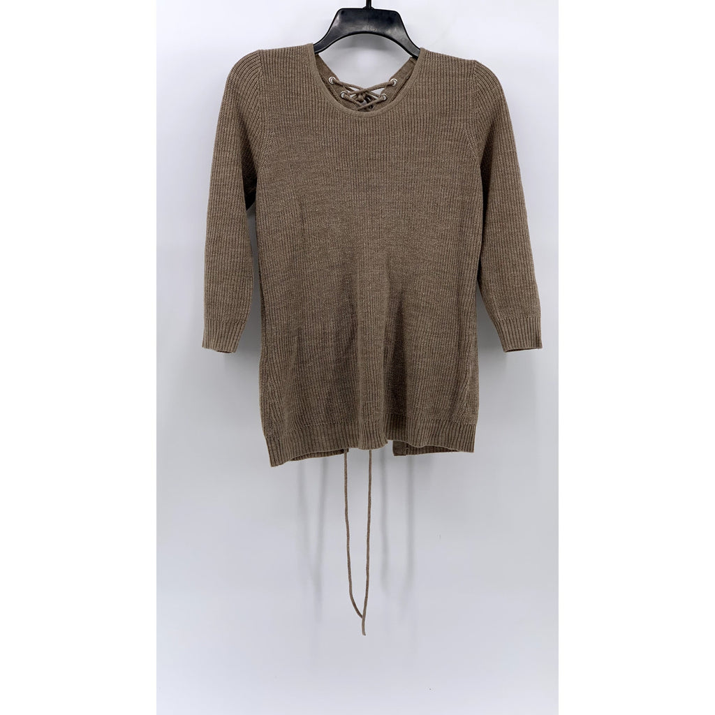 NEW YORK & COMPANY Women's Brown Knit Lace-Up 3/4 Sleeve Crewneck Sweater SZ S
