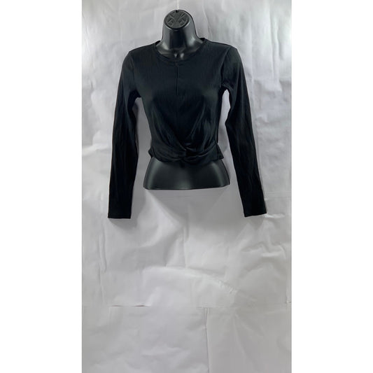 ZARA Women's Black Rib Knit Crewneck twist-Front Long Sleeve Cropped Top SZ S