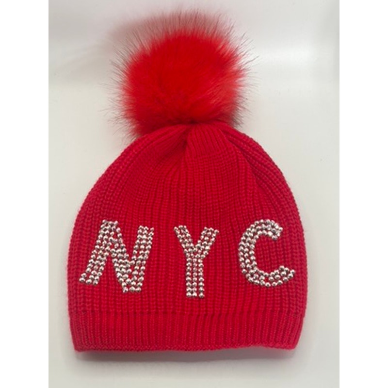 NYC Women's Red Ribbed Rhinestone Embellished Pom-Pom Faux Fur Lined Beanie SZOS
