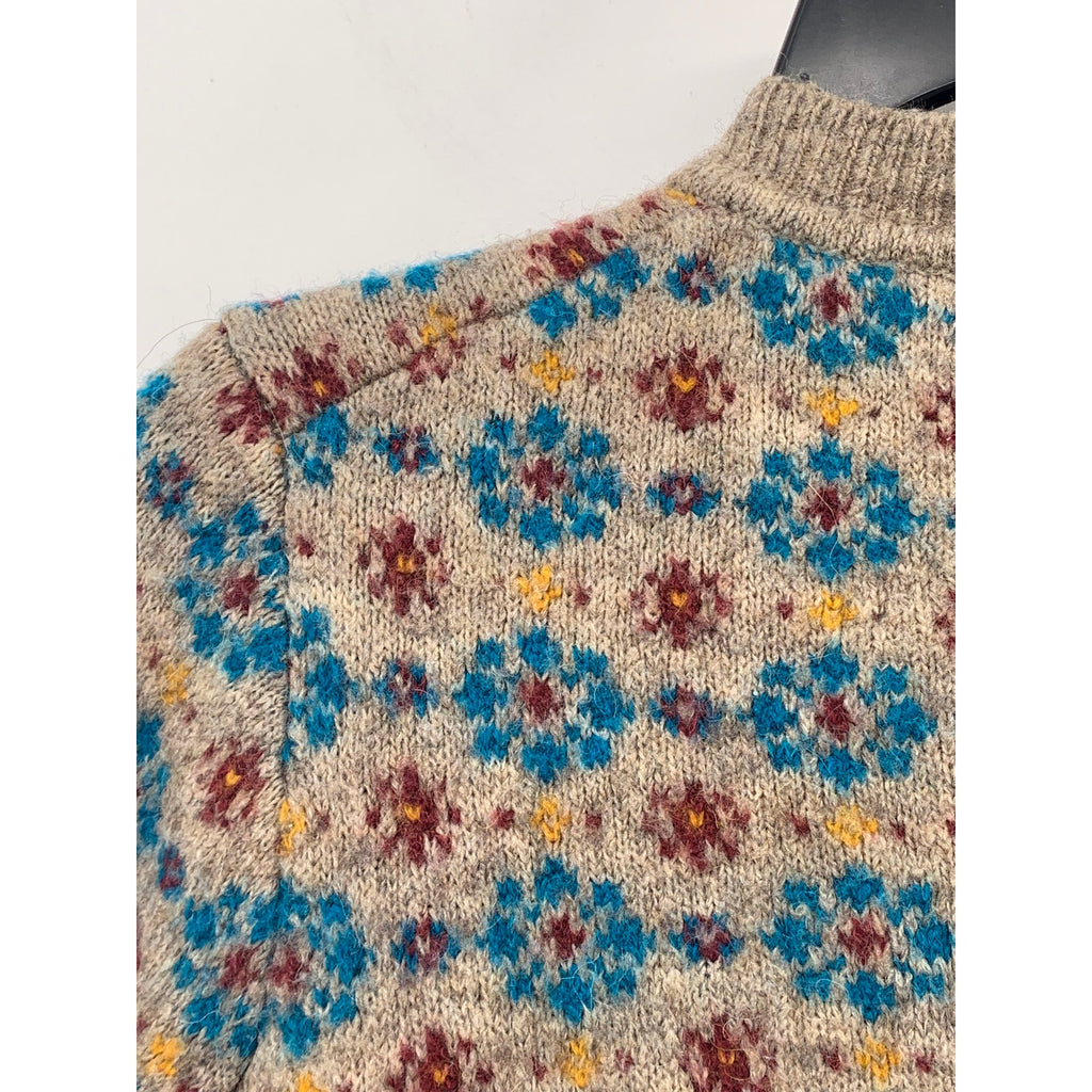 UNIQLO Ines De La Fressange Women's Beige-Blue Jacquard Button-Up Cardigan SZ S