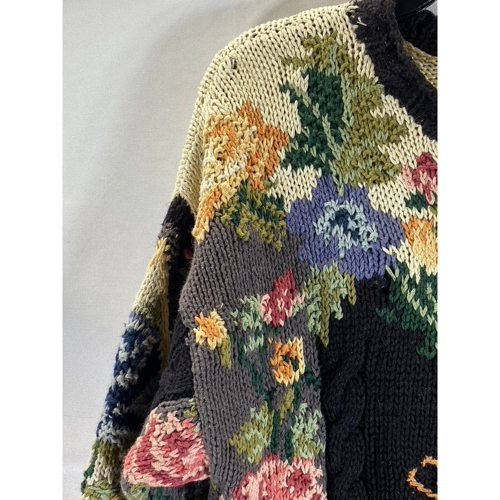CRYSTAL-KOBE Women's Black Vintage Floral Thick Knit Crewneck Sweater SZ M