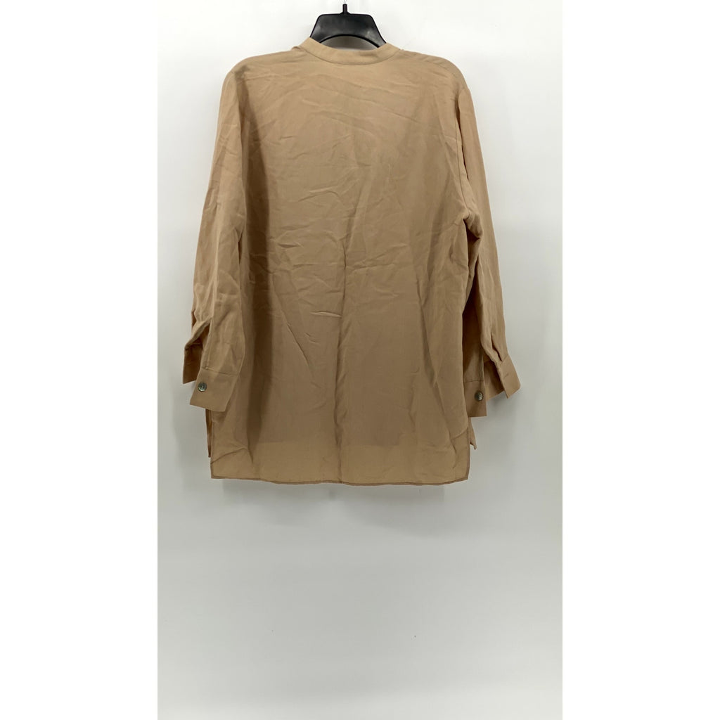 UNBRANDED Women's Beige Mandarin Collar Long Sleeve Side-Slit Tunic Top SZ L