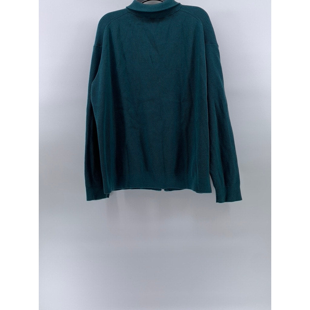 MUIJI Men's Blue-Green Ribbed Stand Collar Long Sleeve Zip-Up Cardigan SZ XL