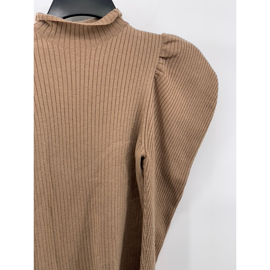 HER LIP TO Women's Brown Ribbed Mock-Neck Long Puff Bell Sleeve Sweater Top SZ S