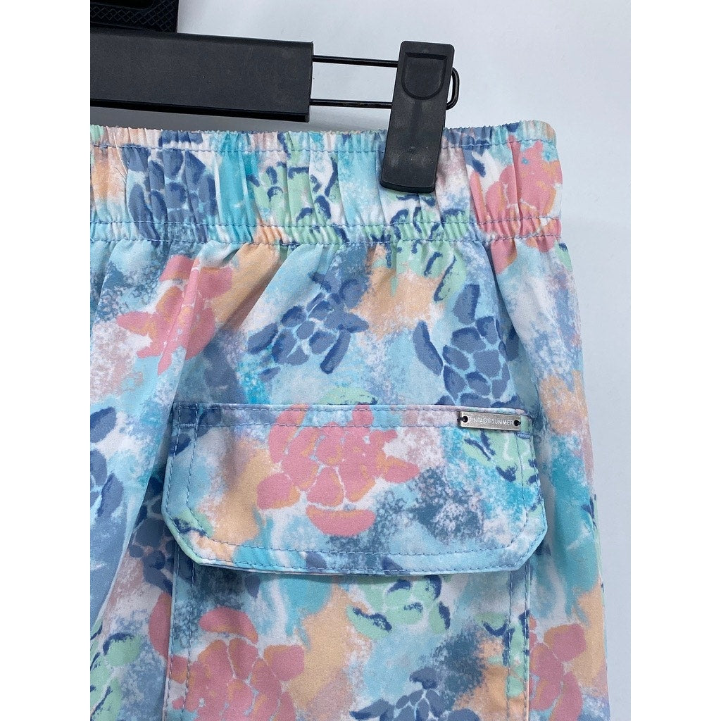 VINTAGE SUMMER Men's Light Blue Turtle Print Drawstring Mesh Swim Shorts SZ M