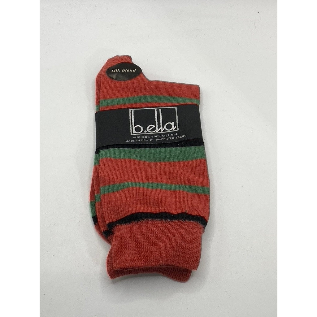 B.ELLA Women's Orange-Green Striped Knit Silk-Blend Taryn Crew Socks SZ OS