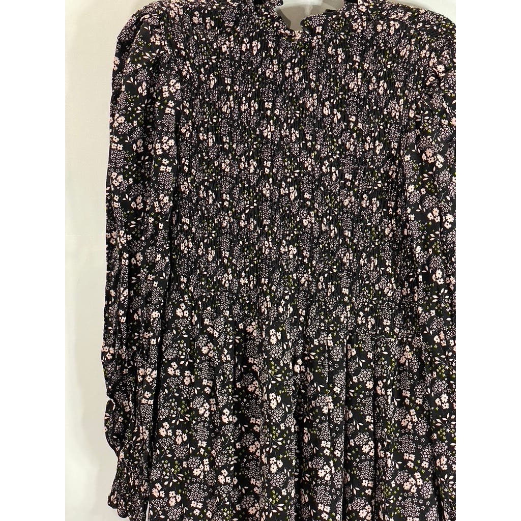 BODEN Women's Black Multi Floral Smocked Tiered Long Sleeve Midi Dress SZ 8R