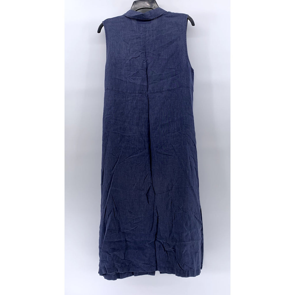 CHELSEA CAMBELL Women's Blue Linen Sleeveless Midi A-Line Shirt Dress SZ S