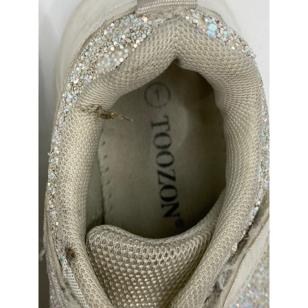 TOOZON Girls' White Glitter Embellished Round-Tie Lace-Up Strap Sneakers SZ 1