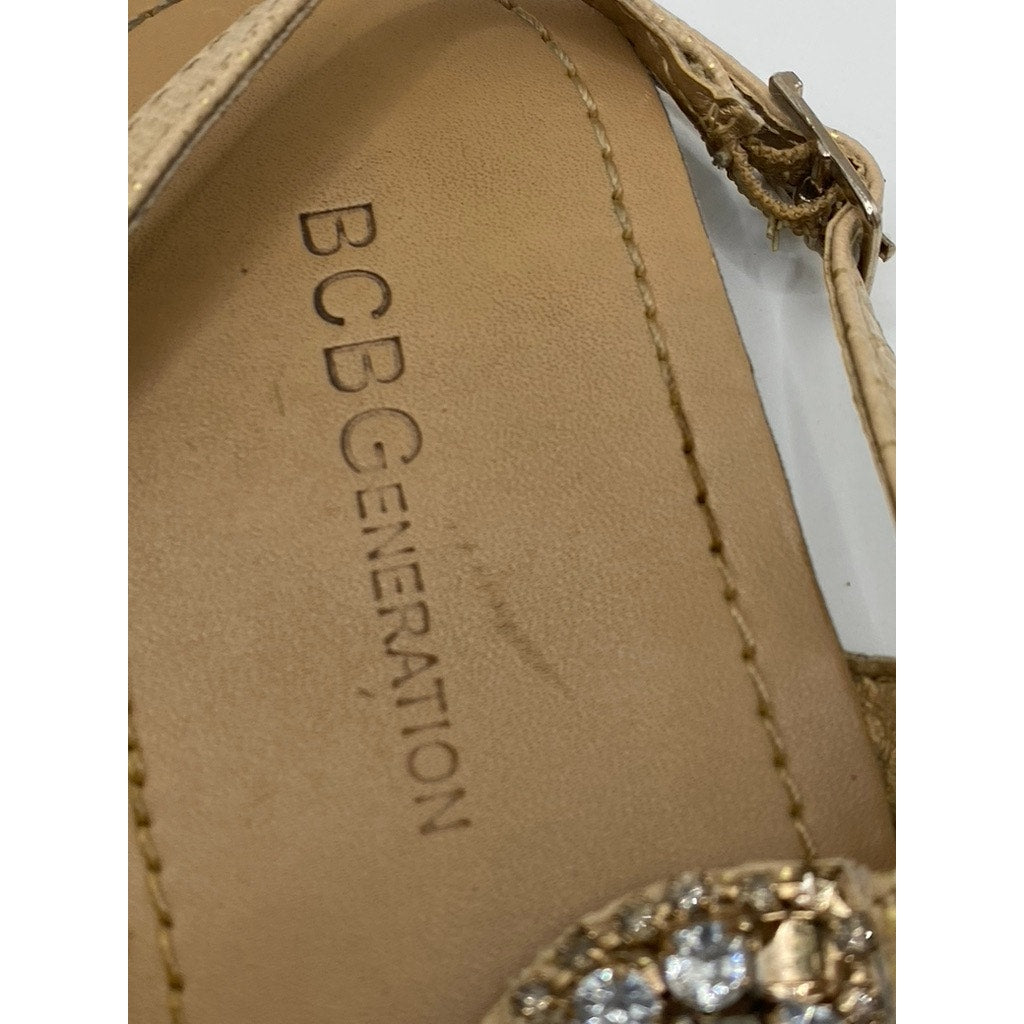 BCBGENERATION Women's Tan Rhinestone Embellished T-Strap Sandals SZ 7