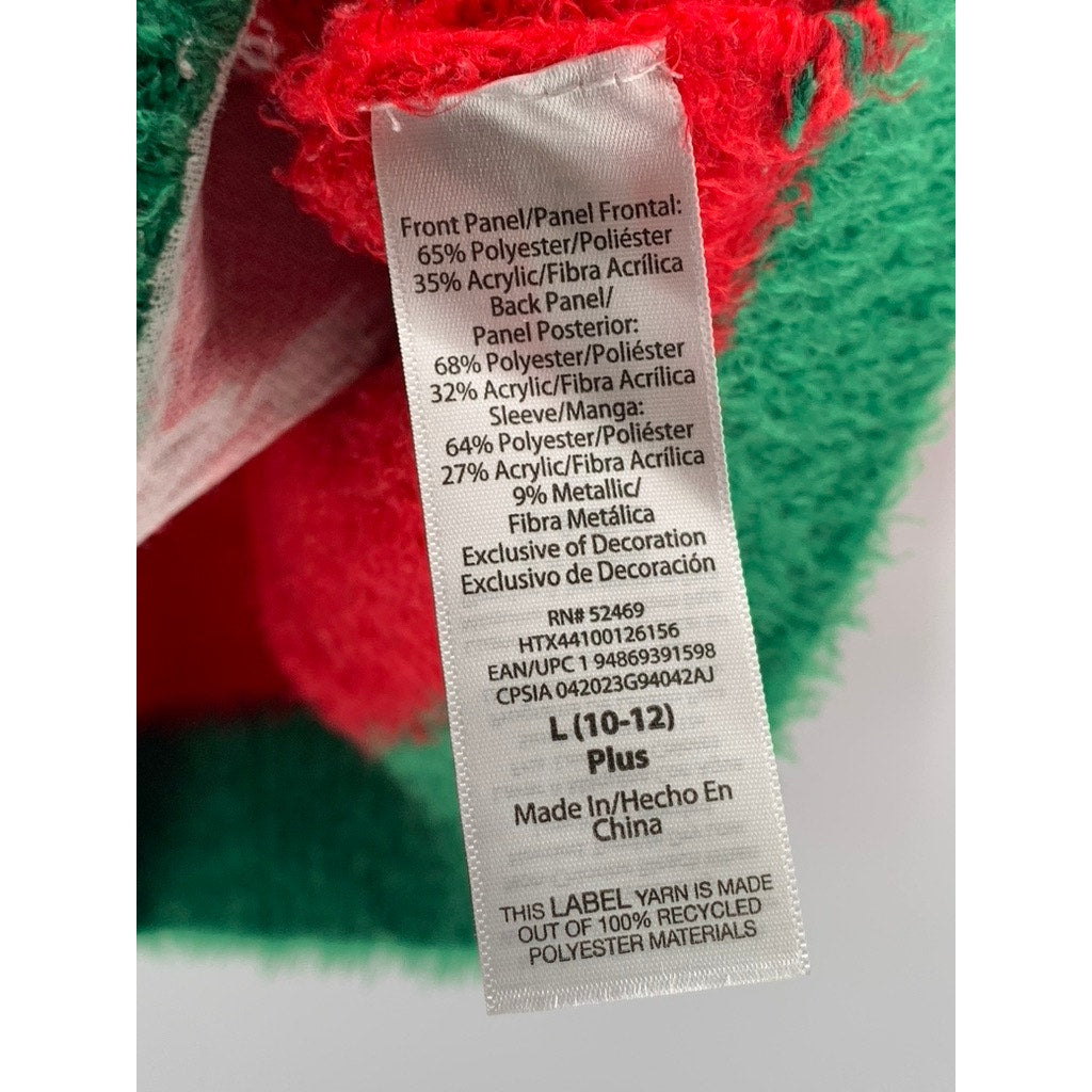HOLIDAY TIME Girls' Plus Red-Green Faux-Fur Reindeer Knit Sweater SZ L(10/12)