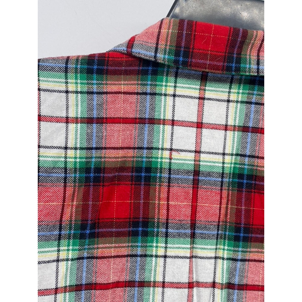 HOLIDAY LANE Women's Green-Red-White Plaid Flannel Button-Up Pajama Top SZ S