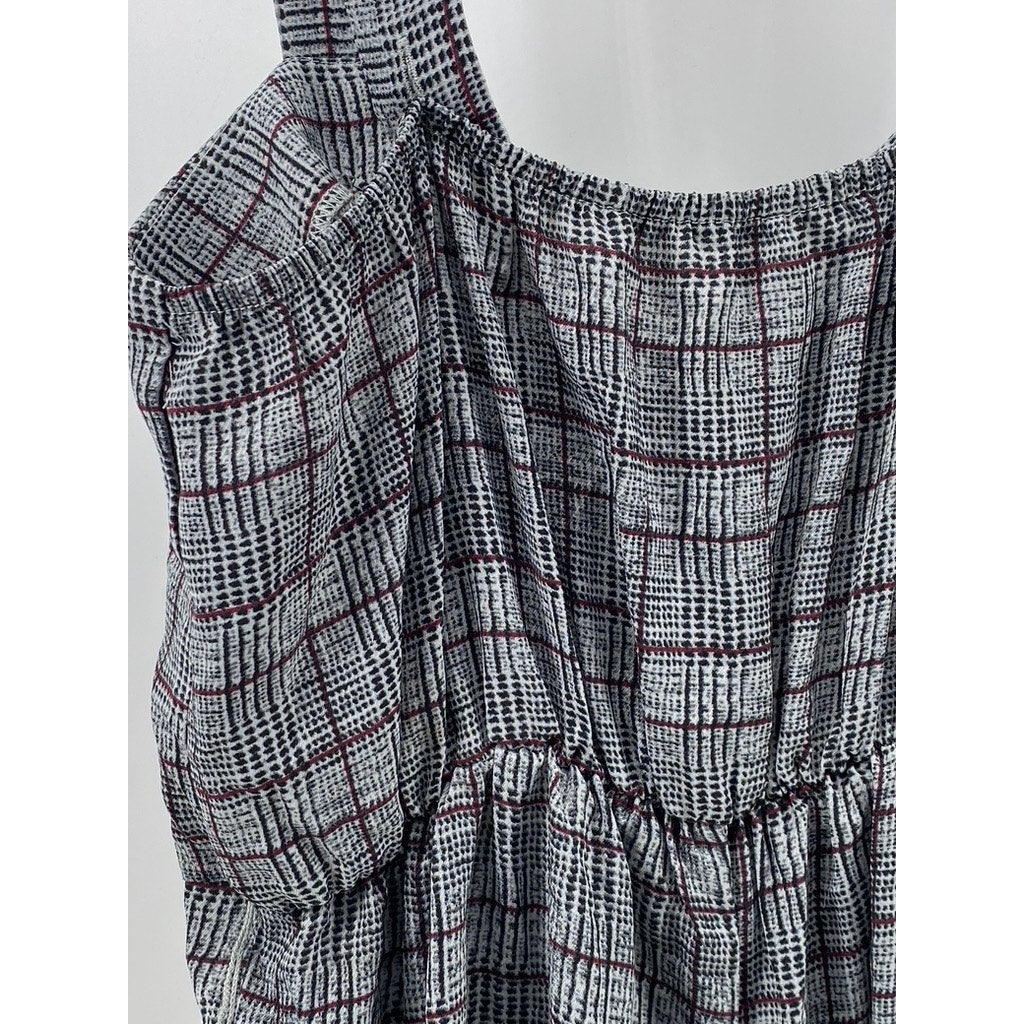 CANDIE'S Women's Gray Printed Plaid Button-Front Wide-Leg Jumpsuit SZ S