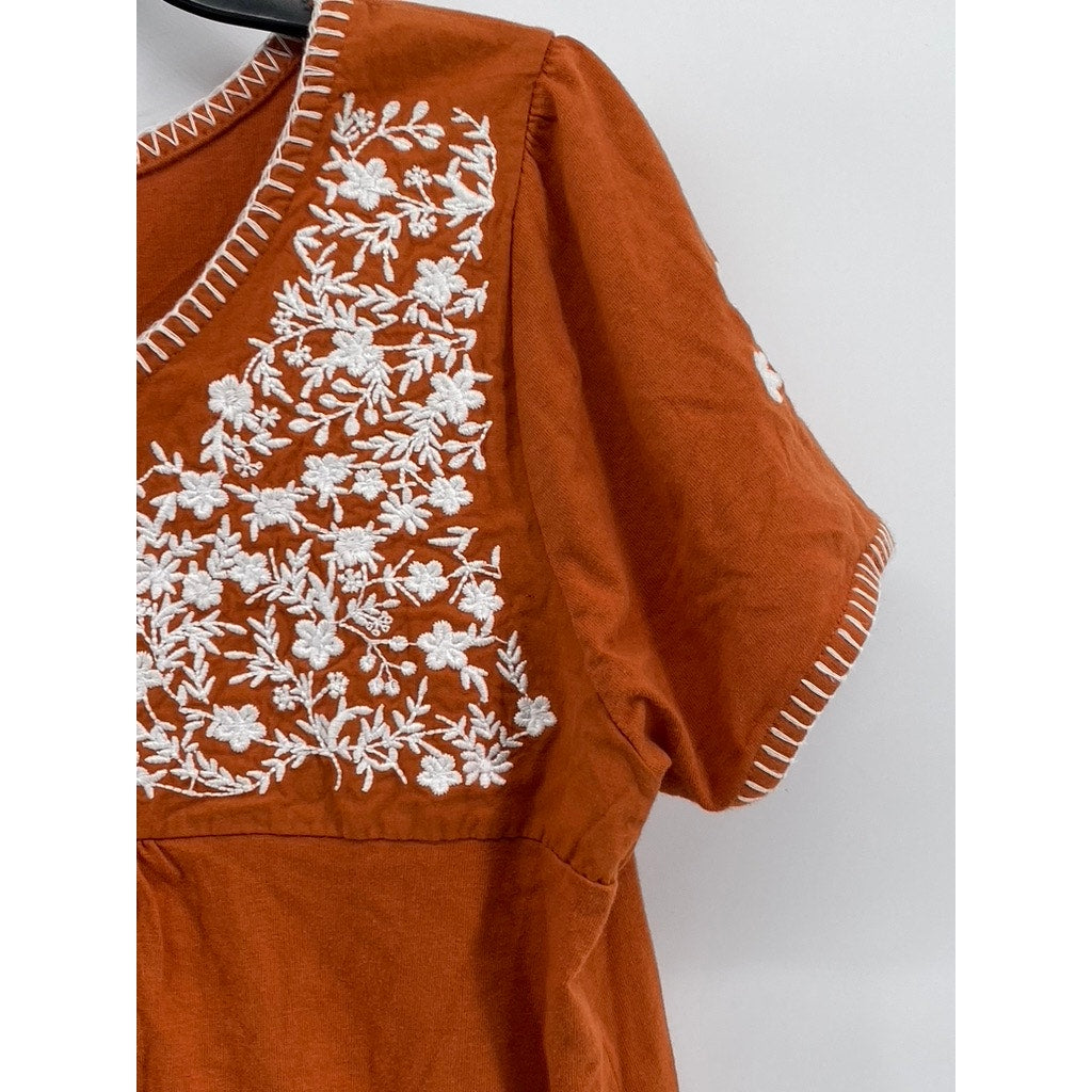 646 MAIN Women's Burnt Orange Embroidered Floral Trim Scoop-Neck Top SZ XS