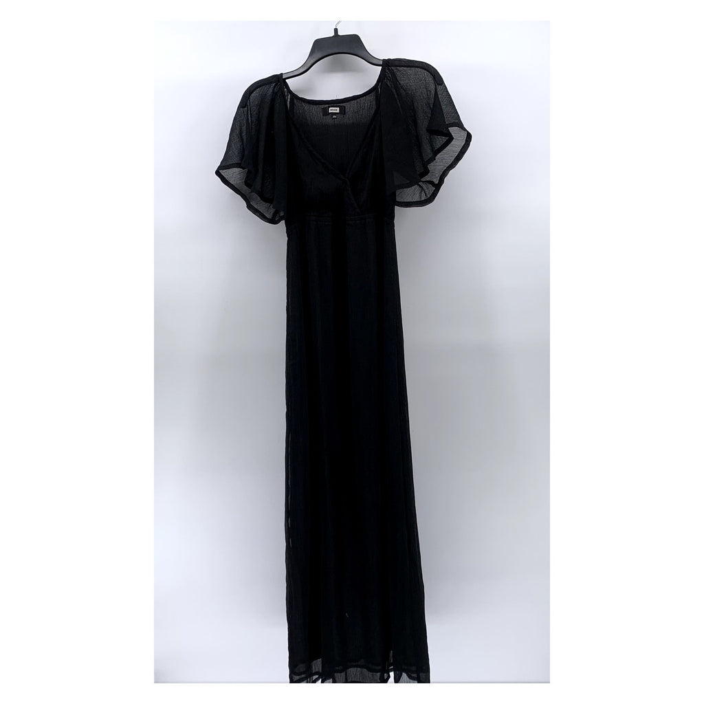 BIK BOK Women's Black Sheer V-Neck Flutter Short Sleeve Maxi Casual Dress SZ XS
