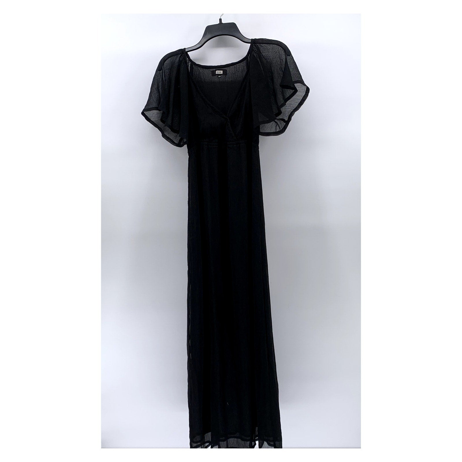 BIK BOK Women's Black Sheer V-Neck Flutter Short Sleeve Maxi Casual Dress SZ XS