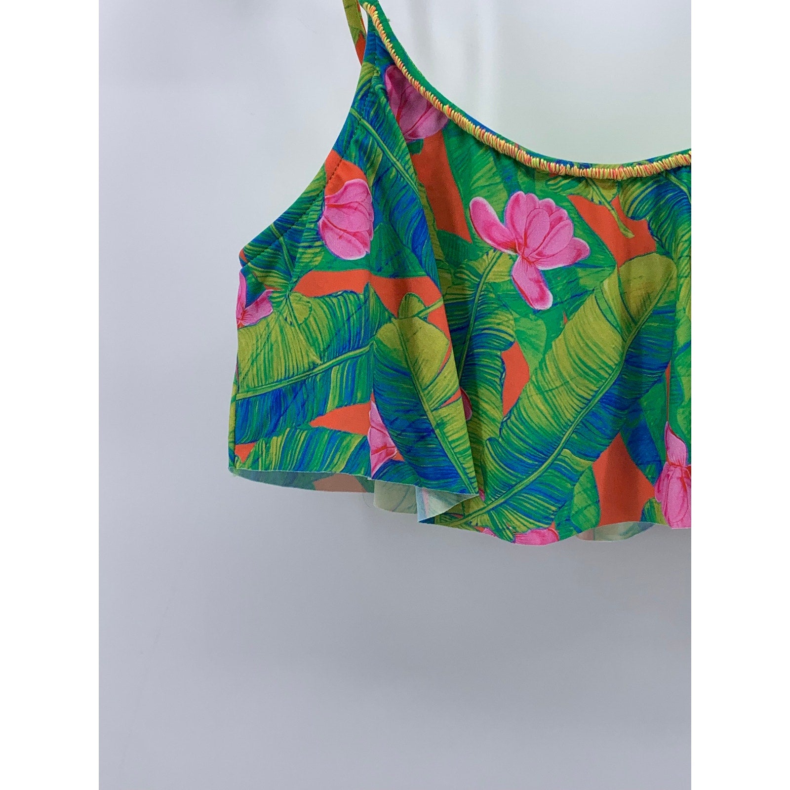 FARM Women's Floral Ruffle Spaghetti Strap Scoop Neck Bikini Top SZ M