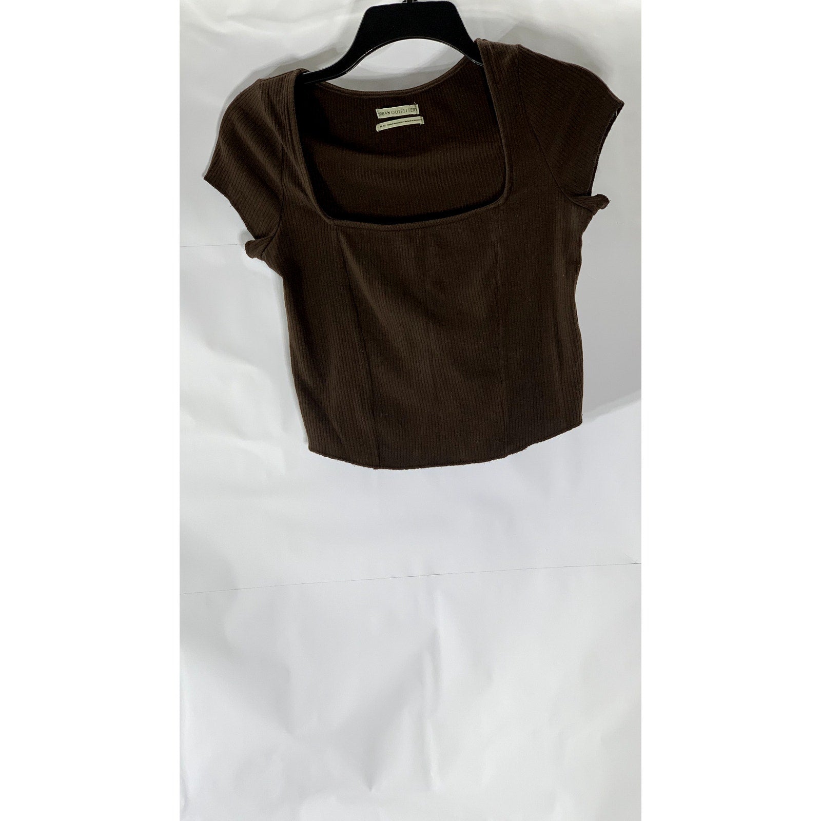URBAN OUTFITTERS Women’s Brown Ribbed Straight-Neck Short Sleeve Cropped Top SZM