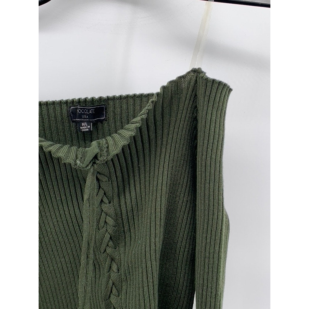 CHOCOLATE USA Women's Green Ribbed Long Sleeve Off-The-Shoulder Lace-Up Top SZML