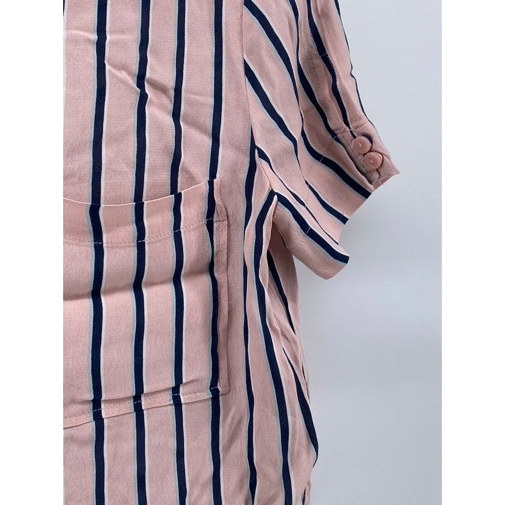 BERSHKA_BSKGIRL Women's Pink-Blue Striped Button-Up Short Sleeve Top SZ M