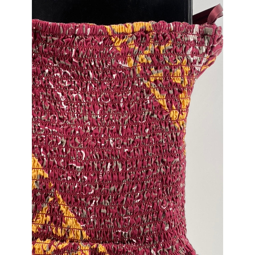 LOVE THE LABEL Women's Red Printed Ruffle One-Shoulder Smocked Top SZ M