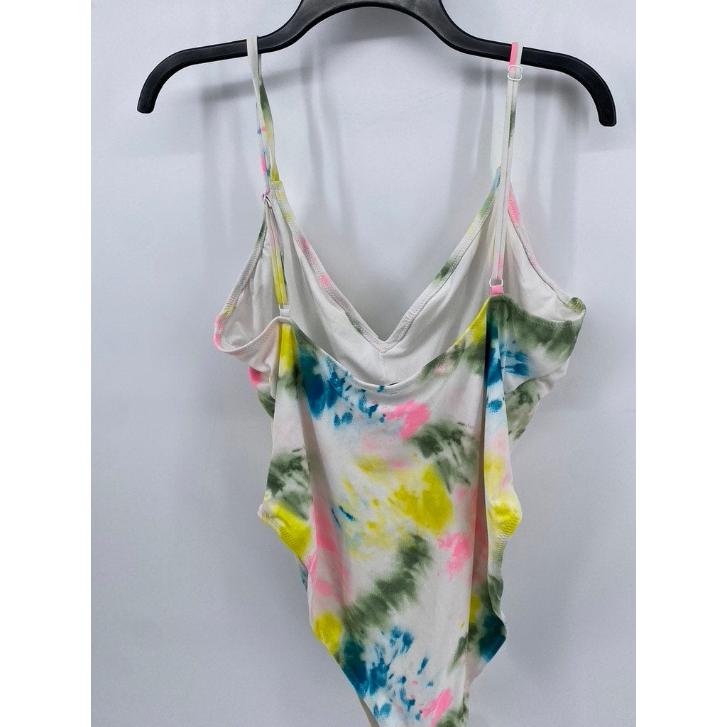 OLD NAVY Women's White-Multi Tie-Dye V-Neck One-Piece Swimsuit SZ XL