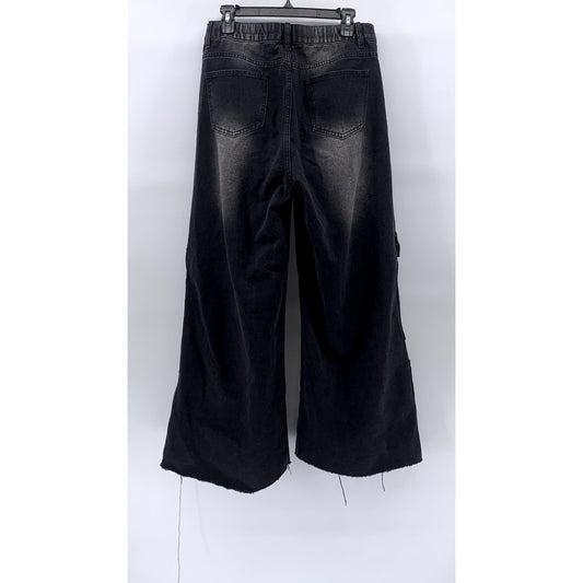 AMERICAN BAZI Women's Black Denim Distressed Baggy-Fit Wide-Leg Y2K Jeans SZ L