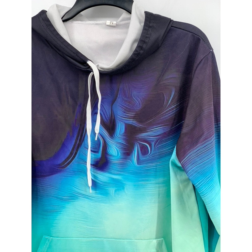 UNBRANDED Women's Blue-Green Swirl Print Oversized Hoodie SZ M