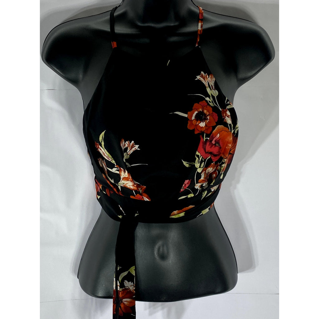 SOPRANO Women’s Black Floral Halter Cross-Back Crop Top SZ XS