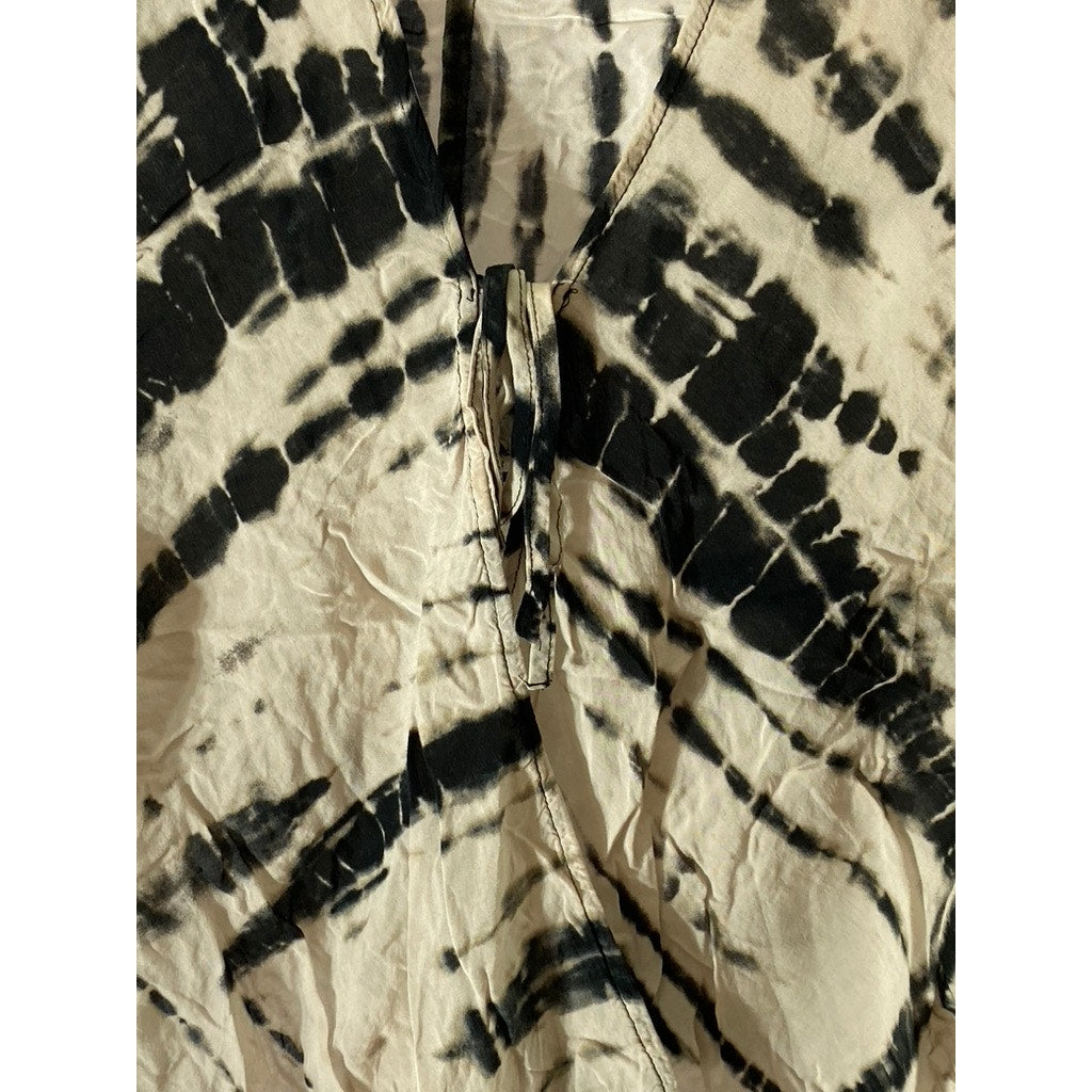 FORVER 21 Women's Beige-Black Surplice Tie-Dye Short Sleeve Relaxed-Fit Top SZ S